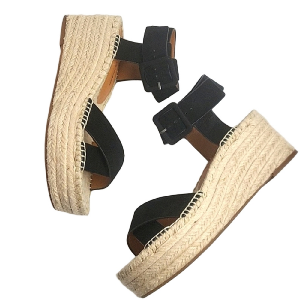 Lucky Brand Audrinah Black Suede Leather Ankle Strap Platform Espadrille…